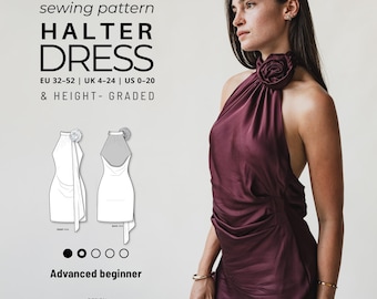 Patrón de costura para vestido halter sin espalda, minivestido cortado al bies en formato PDF