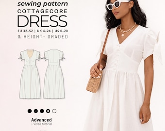 V-neck Summer Button Front Midi Dress Sewing Pattern | Linen dress (PDF Download)