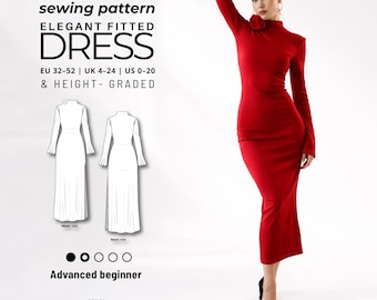 Maxi Dress Sewing Pattern | Fitted Long Sleeve, High Neck Slit (Digital Download)
