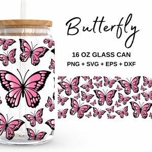 Pink Butterfly - 16oz Glass Can svg, Libbey Glass Can Wrap, svg Files for Cricut & Silhouette Cameo, Glassware svg