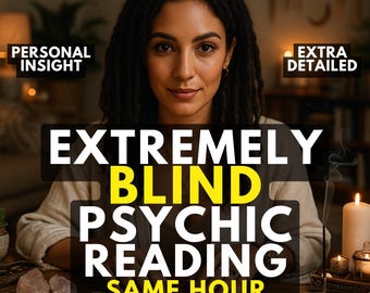 May include: A digital graphic featuring a person with dark dreadlocks behind a wooden table with tarot cards, a white candle, and crystals. Text overlays read: PERSONAL INSIGHT, EXTRA DETAILED, EXTREMELY BLIND PSYCHIC READING SAME HOUR.