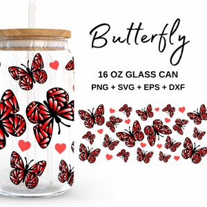 Red Butterfly - 16oz Glass Can svg, Libbey Glass Can Wrap, svg Files for Cricut & Silhouette Cameo, Glassware svg