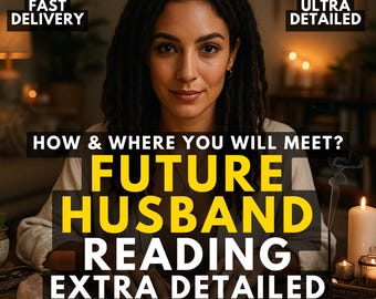 Puede incluir: Una persona con rastas oscuras sentada ante una mesa con cartas del tarot. El texto dice: FAST DELIVERY, ULTRA DETAILED, HOW & WHERE YOU WILL MEET? FUTURE HUSBAND READING EXTRA DETAILED. La escena está tenuemente iluminada con una vela y cristal.