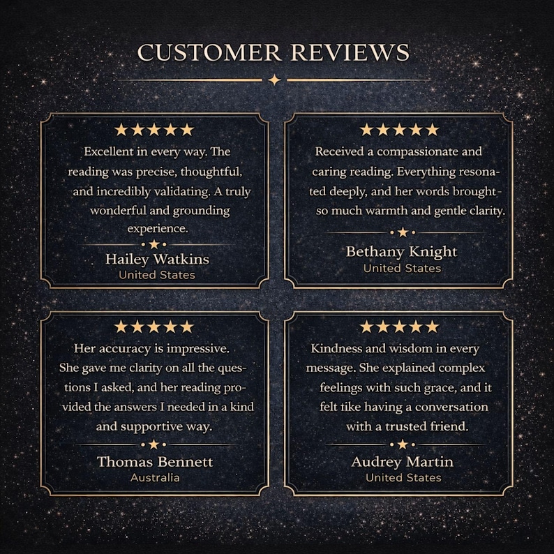 Puede incluir: Un fondo oscuro con el texto "CUSTOMER REVIEWS" en la parte superior. Se muestran cuatro testimonios de clientes enmarcados, cada uno con una calificaci&oacute;n de cinco estrellas y una cita. Los nombres y ubicaciones se enumeran debajo de cada rese&ntilde;a.