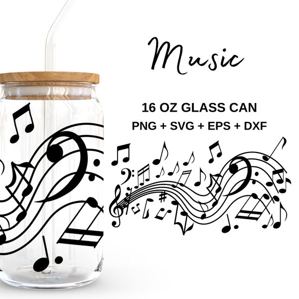Music Note Song - 16oz Glass Can svg, Libbey Glass Can Wrap, svg Files for Cricut & Silhouette Cameo, Glassware svg