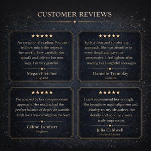 Pu&ograve; includere: Una grafica blu scuro con il testo CUSTOMER REVIEWS in alto, contenente quattro riquadri rettangolari distinti. Ogni riquadro mostra cinque stelle dorate e una testimonianza scritta di un cliente, inclusi nomi e localit&agrave; come Inghilterra, Canada, Belgio e Stati Uniti, su uno sfondo di cielo stellato.