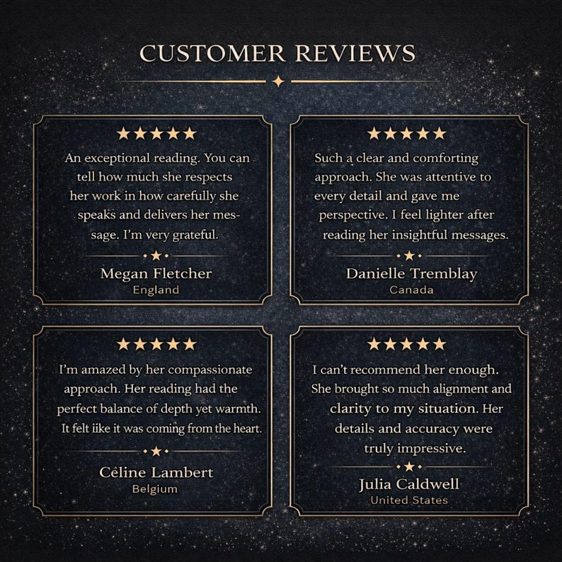 Pu&ograve; includere: Una grafica blu scuro con il testo CUSTOMER REVIEWS in alto, contenente quattro riquadri rettangolari distinti. Ogni riquadro mostra cinque stelle dorate e una testimonianza scritta di un cliente, inclusi nomi e localit&agrave; come Inghilterra, Canada, Belgio e Stati Uniti, su uno sfondo di cielo stellato.