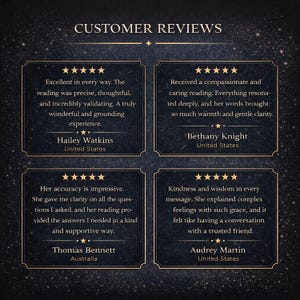 Pu&ograve; includere: Una grafica blu scuro intitolata CUSTOMER REVIEWS che presenta quattro testimonianze a cinque stelle. Ogni riquadro contiene il testo dei clienti Hailey Watkins, Bethany Knight, Thomas Bennett e Audrey Martin sulle loro esperienze di lettura.