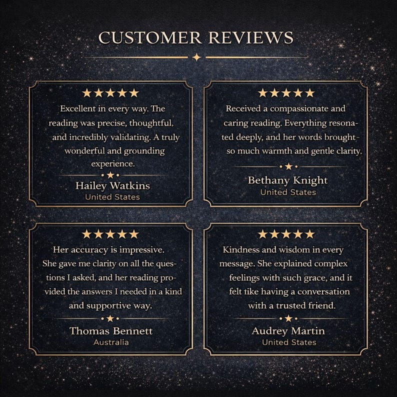 Pu&ograve; includere: Una grafica blu scuro intitolata CUSTOMER REVIEWS che presenta quattro testimonianze a cinque stelle. Ogni riquadro contiene il testo dei clienti Hailey Watkins, Bethany Knight, Thomas Bennett e Audrey Martin sulle loro esperienze di lettura.