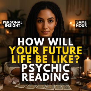 以下が含まれることがあります： ドレッドヘアの女性がフレームの中央に配置され、テキストが重ねられた画像。テキストは「HOW WILL YOUR FUTURE LIFE BE LIKE? PSYCHIC READING」と表示されています。追加のテキストには「PERSONAL INSIGHT」と「SAME HOUR」が含まれています。