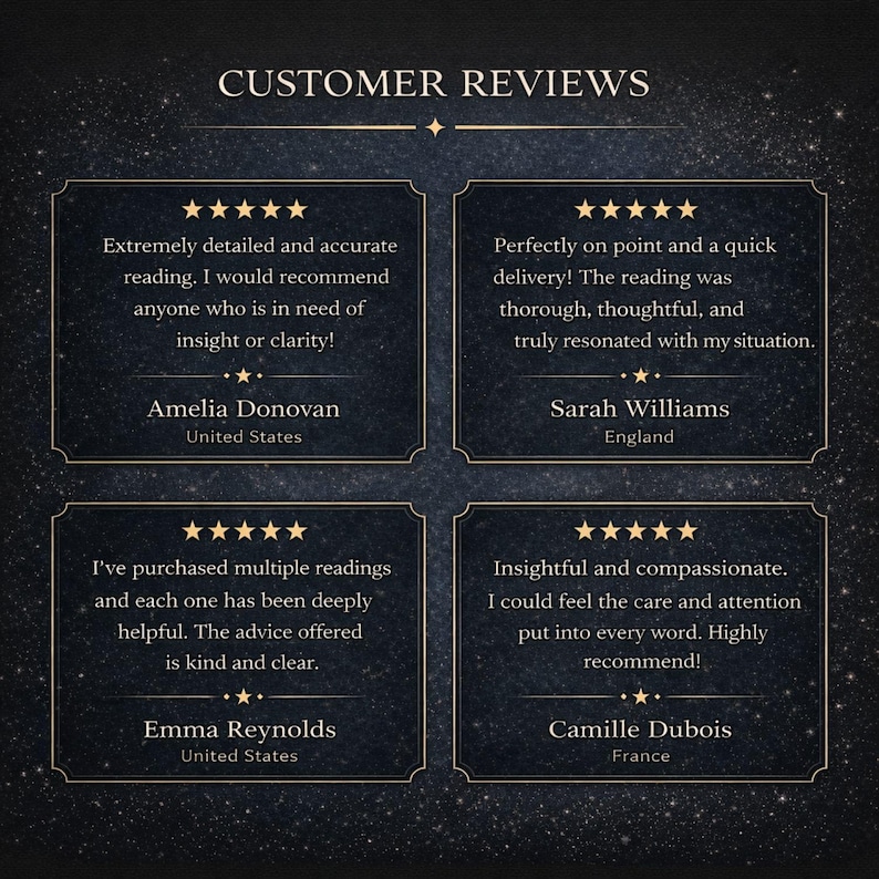 Puede incluir: Fondo oscuro con el texto "CUSTOMER REVIEWS" y cuatro testimonios de clientes. Cada testimonio est&aacute; en un marco decorativo con un borde dorado e incluye una calificaci&oacute;n de 5 estrellas, una cita y el nombre y la ubicaci&oacute;n del revisor.