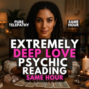 Può includere: Immagine di una donna con dreadlocks seduta a un tavolo con carte dei tarocchi. Il testo sull'immagine recita "EXTREMELY DEEP LOVE PSYCHIC READING SAME HOUR" e "PURE TELEPATHY". Sono visibili anche una candela accesa e dei cristalli.