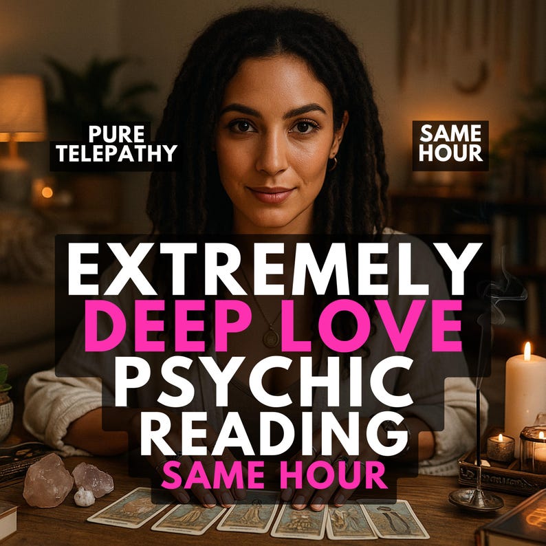 Pu&ograve; includere: Un annuncio per un servizio di lettura psichica con il testo PURE TELEPATHY, SAME HOUR, EXTREMELY DEEP LOVE PSYCHIC READING e SAME HOUR. L'immagine mostra sei carte dei tarocchi disposte su un tavolo di legno con cristalli e una candela.