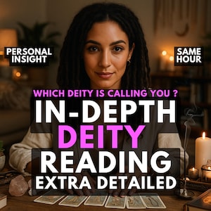 Peut inclure: Image promotionnelle pour une lecture de divinité avec une femme aux dreadlocks. Le texte comprend "Personal Insight", "Which Deity Is Calling You?", "In-Depth Deity Reading", et "Extra Detailed". Cartes de tarot sur une table en bois.