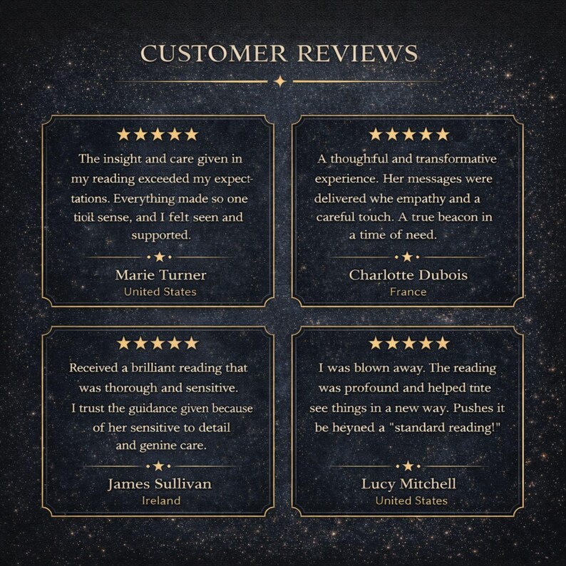 May include: A dark blue, starry background displays four customer reviews, each with five gold stars. The text includes testimonials from Marie Turner, Charlotte Dubois, James Sullivan, and Lucy Mitchell, praising the quality and sensitivity of readings.