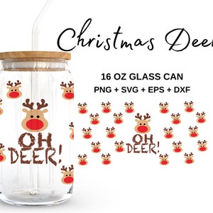 Cervo di Natale - Lattina di vetro da 16 once in formato SVG, Libbey Glass Can Wrap, File in formato SVG per Cricut e Silhouette Cameo, Vetreria in formato SVG