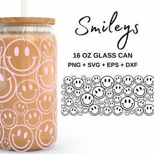 White Smileys - 16oz Glass Can svg, Libbey Glass Can Wrap, svg Files for Cricut & Silhouette Cameo, Glassware svg