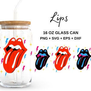 Labios - Lata de vidrio de 16 oz svg, Libbey Glass Can Wrap, archivos svg para Cricut & Silhouette Cameo, Cristalería svg