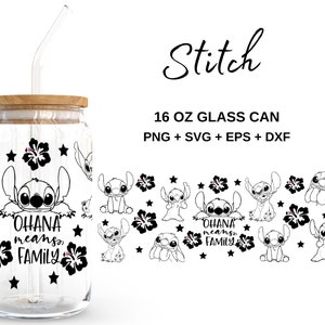 Stitch - 16oz Glasdose svg, Libbey Glass Can Wrap, svg-Dateien für Cricut & Silhouette Cameo, Glassware svg