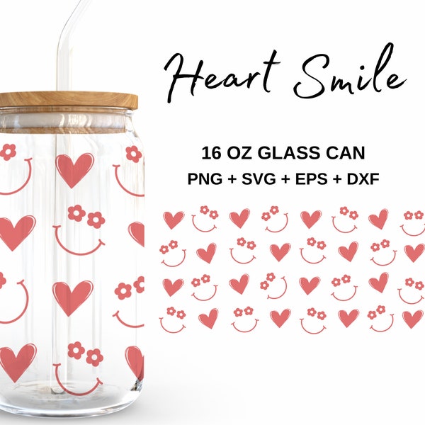 Heart Smiley - 16oz Glass Can svg, Libbey Glass Can Wrap, svg Files for Cricut & Silhouette Cameo, Glassware svg