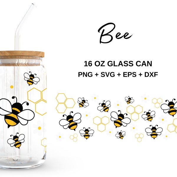 Bee Glass Can Wrap Svg, Bee 16 Oz Libbey Glass Can Svg, Honey Comb Svg, Digital Download