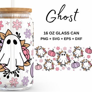Flower on ghost - 16oz Glass Can svg, Libbey Glass Can Wrap, svg Files for Cricut & Silhouette Cameo, Glassware svg