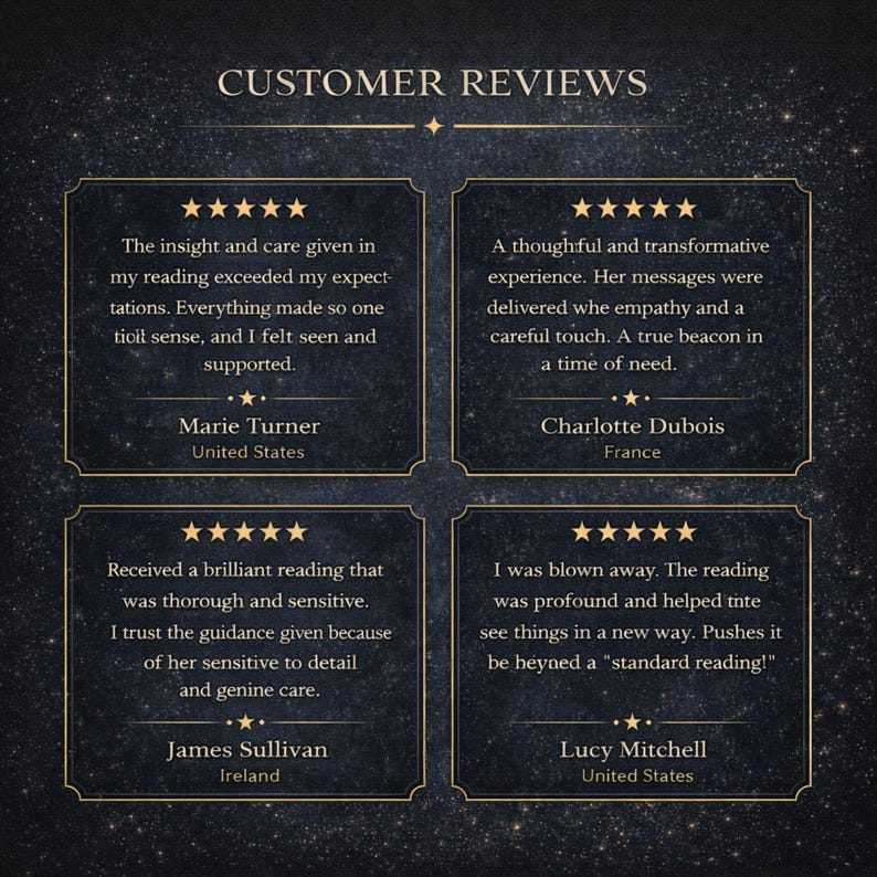Pu&ograve; includere: Uno sfondo blu scuro stellato mostra quattro recensioni dei clienti, ciascuna con cinque stelle dorate. Il testo include testimonianze di Marie Turner, Charlotte Dubois, James Sullivan e Lucy Mitchell, che lodano la qualit&agrave; e la sensibilit&agrave; delle letture.