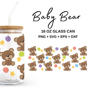 Baby Bear - Lattina di vetro da 16 once in formato SVG, Libbey Glass Can Wrap, File in formato SVG per Cricut & Silhouette Cameo, Vetreria in formato SVG