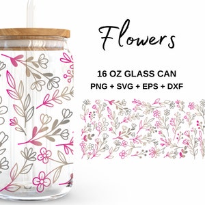 Wild Flowers - 16oz Glass Can svg, Libbey Glass Can Wrap, svg Files for Cricut & Silhouette Cameo, Glassware svg