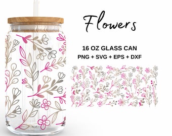 Wild Flowers - 16oz Glass Can svg, Libbey Glass Can Wrap, svg Files for Cricut & Silhouette Cameo, Glassware svg