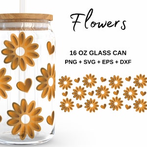 Gold Flowers - 16oz Glass Can svg, Libbey Glass Can Wrap, svg Files for Cricut & Silhouette Cameo, Glassware svg