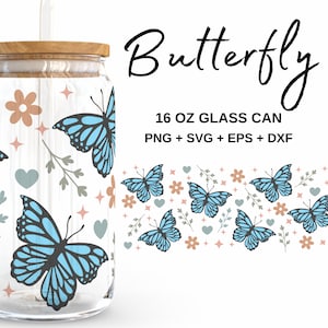 Boho Schmetterling - 16 Unzen Glasdose svg, Libbey Glass Can Wrap, svg-Dateien für Cricut & Silhouette Cameo, Glassware svg