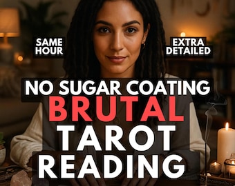 Puede incluir: Una persona con rastas oscuras sentada tras una mesa de madera con seis cartas de tarot extendidas. El texto dice: SAME HOUR, EXTRA DETAILED, NO SUGAR COATING, BRUTAL TAROT READING. Sobre la mesa se observan una vela blanca y un cristal.