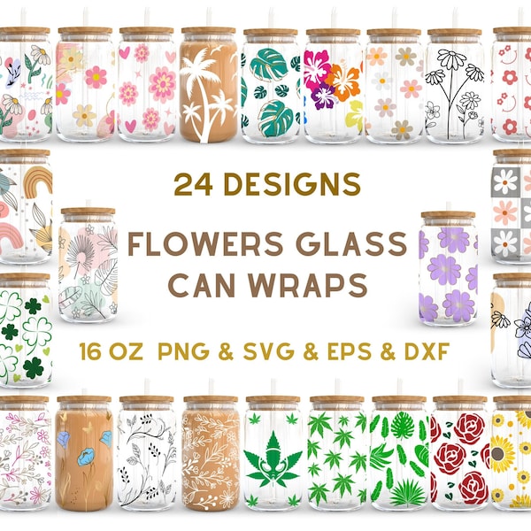 Flowers Bundle - 16oz Glass Can svg, Libbey Glass Can Wrap, svg Files for Cricut & Silhouette Cameo, Glassware svg