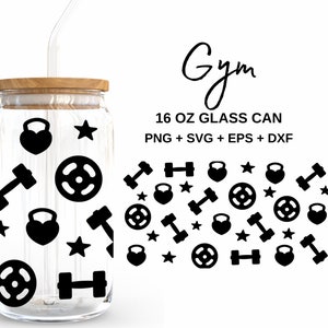 Fitnessstudio - 16 Unzen Glasdose svg, Libbey Glass Can Wrap, svg-Dateien für Cricut & Silhouette Cameo, Glassware svg