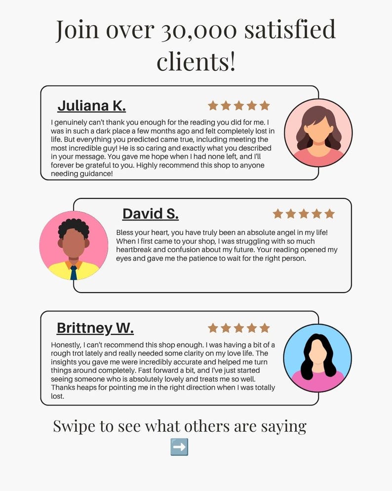 Pu&ograve; includere: Un grafico che mostra il testo Join over 30,000 satisfied clients! seguito da tre recensioni dei clienti di Juliana K., David S. e Brittney W. con cinque stelle dorate e un avatar circolare. Il testo in basso recita Swipe to see what others are saying.