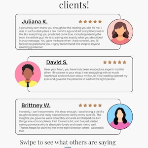 May include: A graphic display featuring the text Join over 30,000 satisfied clients! followed by three customer reviews from Juliana K., David S., and Brittney W. each with five gold stars and a circular avatar. The bottom text reads Swipe to see what others are saying.