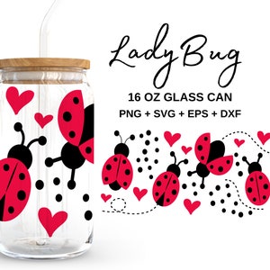 Ladybug - 16oz Glass Can svg, Libbey Glass Can Wrap, svg Files for Cricut & Silhouette Cameo, Glassware svg