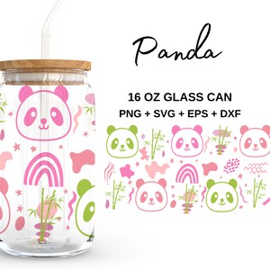 Panda - Lata de vidrio de 16 oz svg, Libbey Glass Can Wrap, archivos svg para Cricut & Silhouette Cameo, Cristalería svg