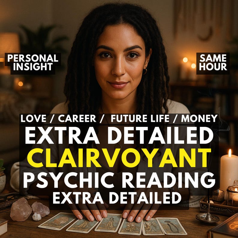 May include: A psychic reading service advertisement featuring text that reads PERSONAL INSIGHT, SAME HOUR, LOVE / CAREER / FUTURE LIFE / MONEY, EXTRA DETAILED CLAIRVOYANT PSYCHIC READING EXTRA DETAILED, with tarot cards laid out on a wooden table.