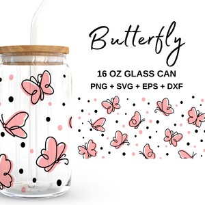 Pink Butterfly - 16oz Glass Can svg, Libbey Glass Can Wrap, svg Files for Cricut & Silhouette Cameo, Glassware svg