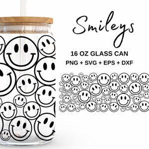 Smileys - 16oz Glass Can svg, Libbey Glass Can Wrap, svg Files for Cricut & Silhouette Cameo, Glassware svg