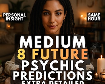 May include: A person with dark dreadlocks sits behind a wooden table with tarot cards, a white candle, and a small incense burner. Text overlays read: PERSONAL INSIGHT, SAME HOUR, MEDIUM 8 FUTURE PSYCHIC PREDICTIONS EXTRA DETAILED.
