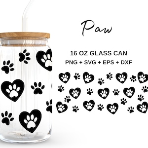 Herz Pfote - 16 Unzen Glasdose svg, Libbey Glass Can Wrap, svg-Dateien für Cricut & Silhouette Cameo, Glassware svg