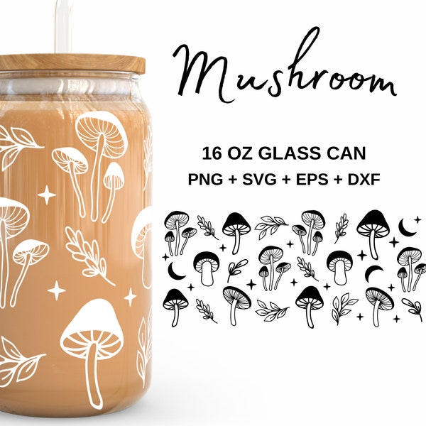 White Mushroom - 16oz Glass Can svg, Libbey Glass Can Wrap, svg Files for Cricut & Silhouette Cameo, Glassware svg