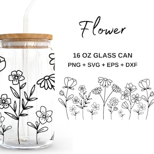 Flowers - 16oz Glass Can svg, Libbey Glass Can Wrap, svg Files for Cricut & Silhouette Cameo, Glassware svg
