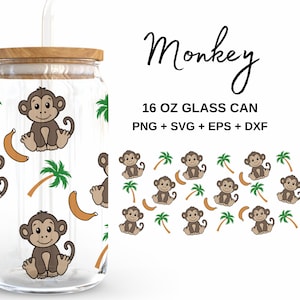 Scimmia - Lattina di vetro da 16 once in formato SVG, Libbey Glass Can Wrap, File in formato SVG per Cricut e Silhouette Cameo, Vetreria in formato SVG