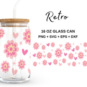 Rosa Retro - 16 Unzen Glasdose svg, Libbey Glass Can Wrap, svg-Dateien für Cricut & Silhouette Cameo, Glassware svg