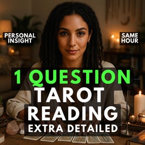 May include: A person with dark dreadlocks sits behind a wooden table with tarot cards, a white candle, and crystals. Text reads: PERSONAL INSIGHT, SAME HOUR, 1 QUESTION TAROT READING, EXTRA DETAILED. The scene is dimly lit with warm ambient lighting.