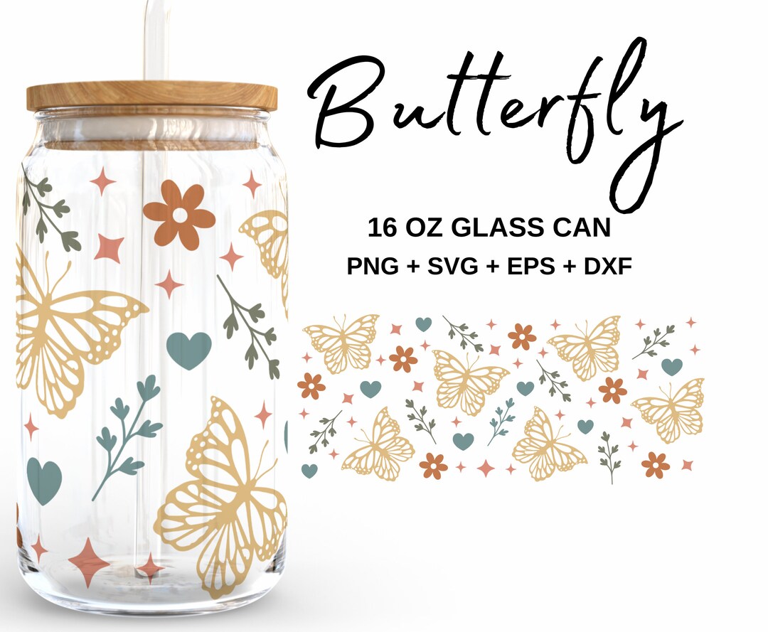 Retro Butterfly - 16oz Glass Can Svg, Libbey Glass Can Wrap, Svg Files ...